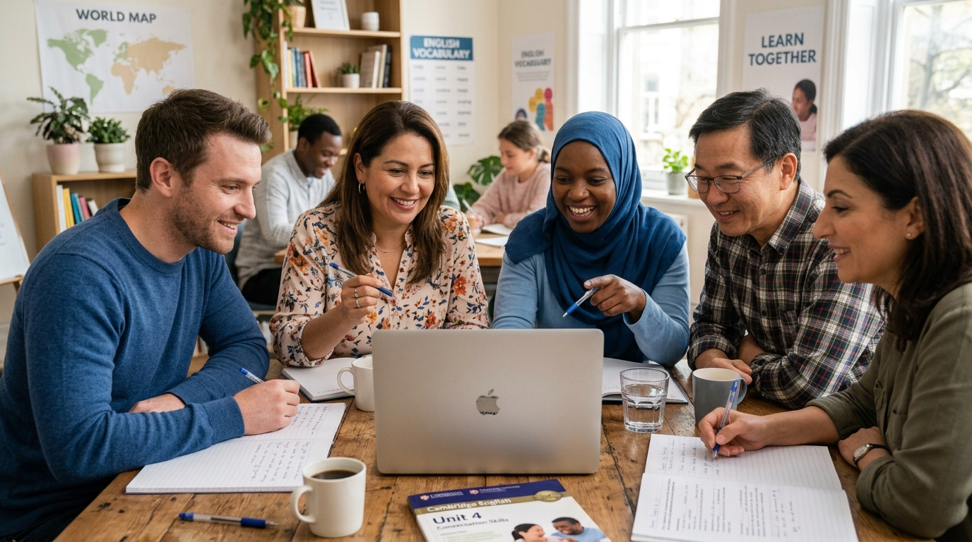 Students learning English together